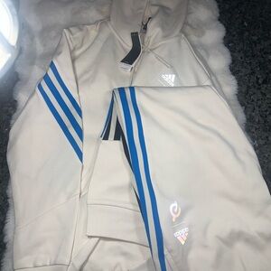 Adidas Cream Hoodie with Blue Stripes & pants. Set